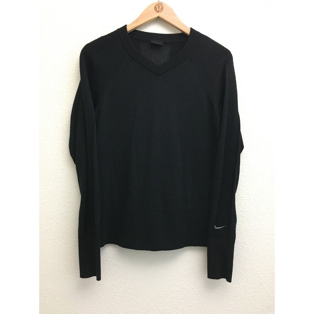 Nike Women’s M Black Wool Blend V-Neck Sweater Mesh Knit Panel Pullover